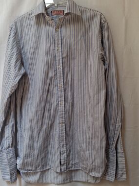 Thomas Pink Jermyn Street Mens 15 35.5‎ Blue Tan Striped French Cuff Dress Shirt